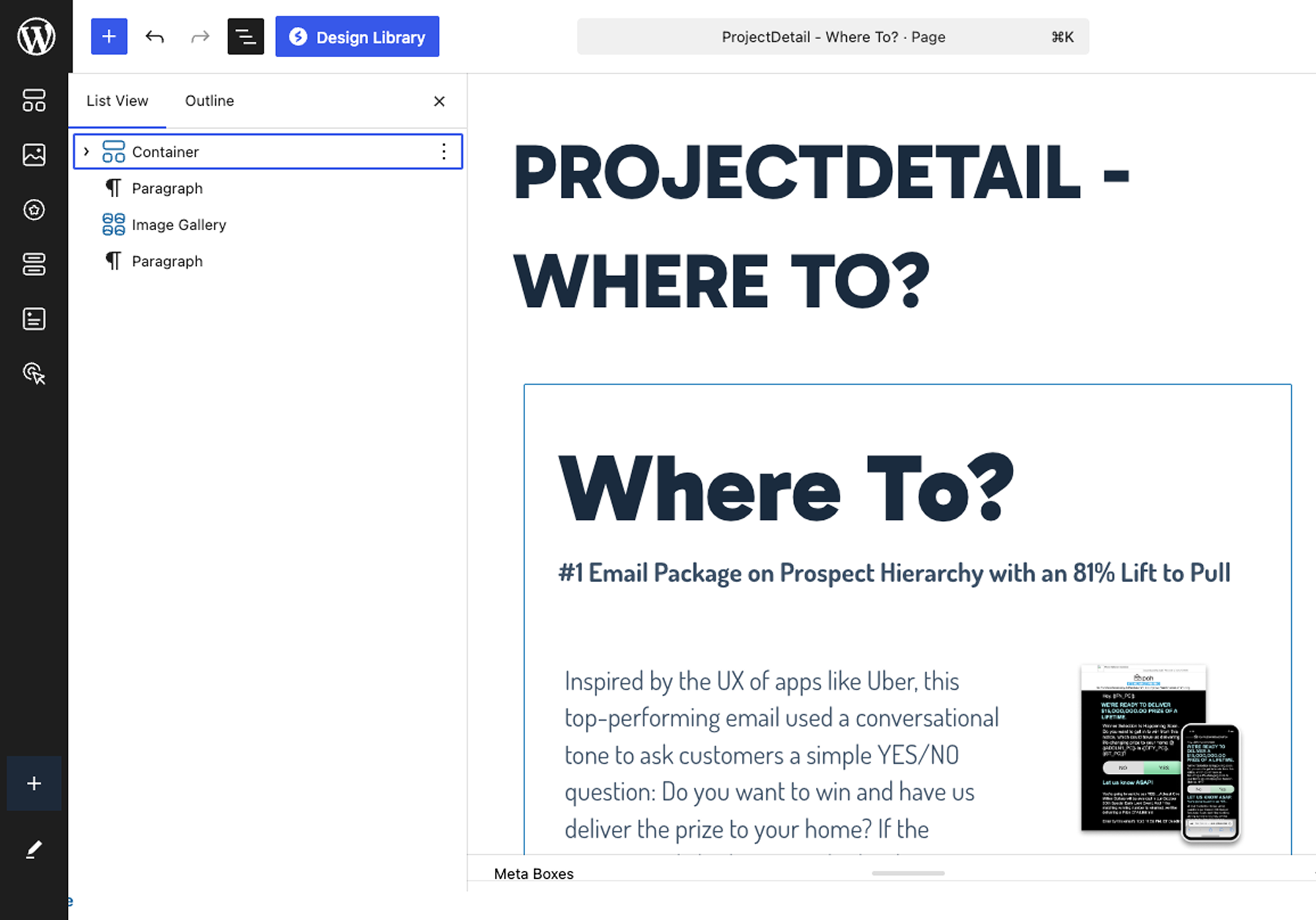 Where To? case study page built with Column and Image blocks