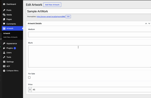 wp-admin Artwork edit screen with ACF fields