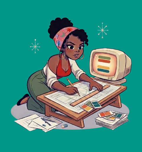 Illustrated portrait of Morgan at a drafting table