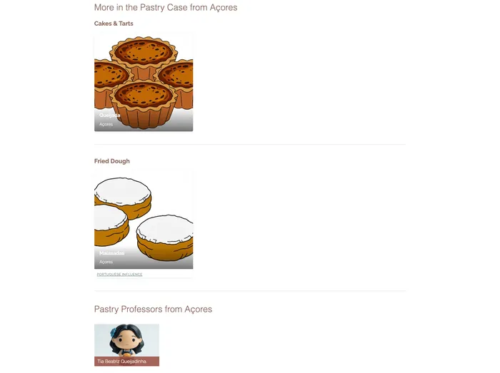 Açores locale page showing desserts and the Pastry Professor artisan together